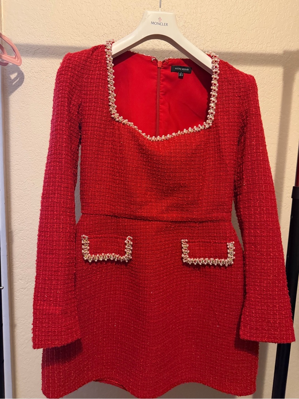 NADINE MERABI Red Tweed Pearl-Trim Long Sleeve Mini Dress